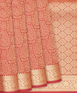 Crimson Handloom Soft Silk Saree With Mango Vine Motifs
