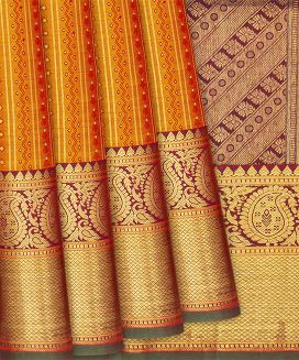 Orange Handloom Kanchipuram Korvai Silk Saree With Silk Stripes
