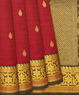Rust Handloom Kanchipuram Silk Saree With Floral Motifs
