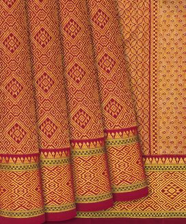 Crimson Handloom Kanchipuram Silk Saree With Geometric Motifs
