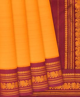Mango Yellow Handloom Kanchipuram Korvai Silk Saree With Crimson Border
