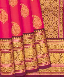 Hot Pink Kanchipuram Silk Saree With contrast Magenta  border and pallu
