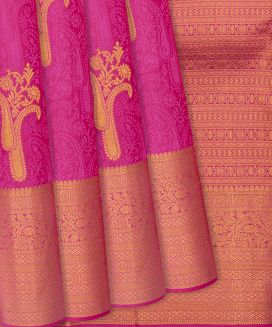 Hot Pink Silk Saree With Floral Motifs & Mango Buttas
