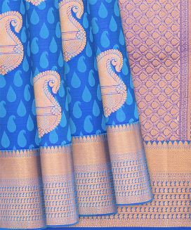 Blue Silk Saree With Mango Buttas & Zari Border
