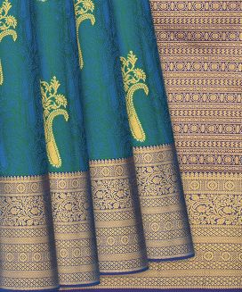 Cyan Silk Saree With Floral Motifs & Mango Buttas
