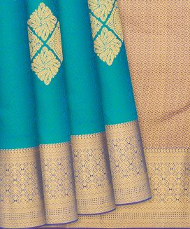 Cyan Silk Saree With Floral Motifs & Buttas
