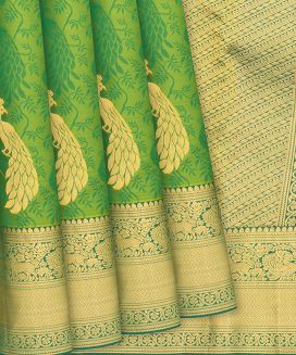 Green Silk Saree With Animal Buttas & Motifs