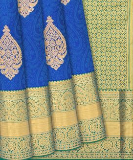 Blue Silk Saree With floral Motifs & Zari Buttas
