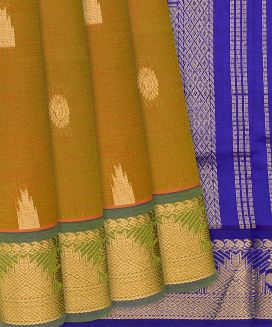 Mustard Handloom Poly Cotton Saree With Temple Border and Chakram Buttas
