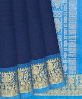 Navy Blue Handloom Plain Poly Cotton Saree
