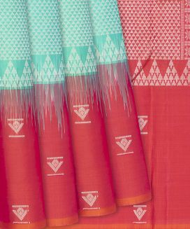 Aquamarine Handloom Soft Silk Saree With Triangle Motifs
