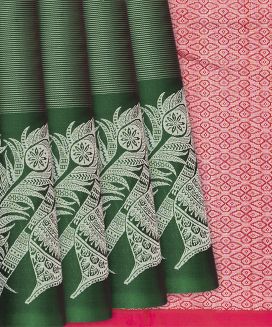 Dark Green Handloom Soft Silk Saree With Stripes
