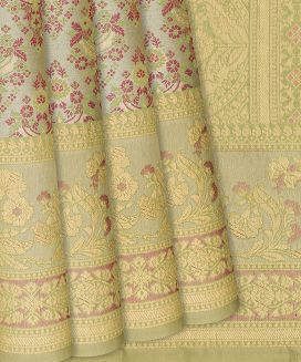 Cardamom Green Woven Viscose Tissue Saree With Meena Floral Motifs

