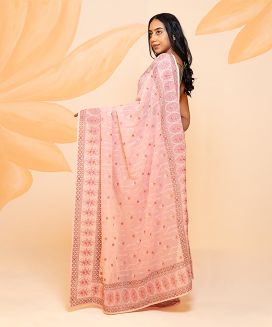 Baby Pink Blended Cotton Saree Embroidered With Floral Motifs
