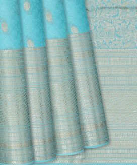 Turquoise Mysore Crepe Silk Saree With Floral Motifs & Buttas
