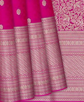 Hot Pink Mysore Crepe Silk Saree With Floral Motifs & Buttas
