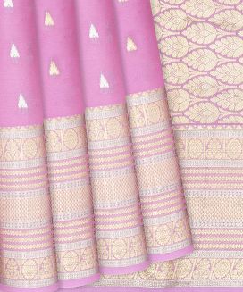 Bubble-gum pink Mysore Crepe Silk Saree With Temple Zari Buttas
