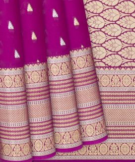Hot Pink Mysore Crepe Silk Saree With Temple Zari Buttas
