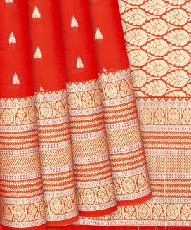 Red Mysore Crepe Silk Saree With Temple Zari Buttas
