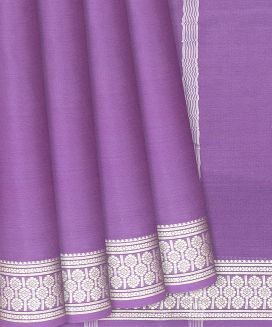 Lilac Plain Mysore Crepe Silk Saree With Floral Motifs Border 
