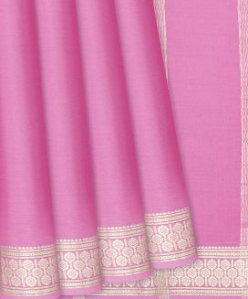 Baby Pink Plain Mysore Crepe Silk Saree With Floral Motifs Border 
