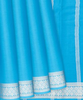 Turquoise Plain Mysore Crepe Silk Saree With Floral Motifs Border 
