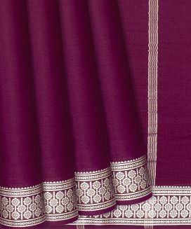 Burgundy Plain Mysore Crepe Silk Saree With Floral Motifs Border 
