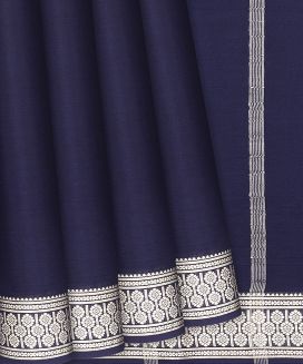 Navy Blue Plain Mysore Crepe Silk Saree With Floral Motifs Border 
