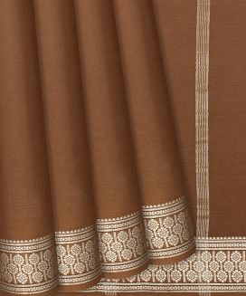 Brown Plain Mysore Crepe Silk Saree With Floral Motifs Border 
