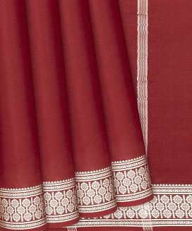 Crimson Plain Mysore Crepe Silk Saree With Floral Motifs Border 
