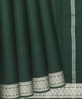 Dark Green Plain Mysore Crepe Silk Saree With Floral Motifs Border 
