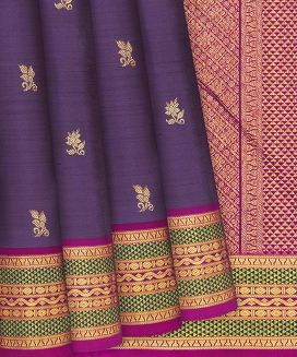 Dark Grey Handloom Kanchipuram Silk Saree With Floral Buttas
