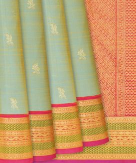 Cardamom Green Handloom Kanchipuram Silk Saree With Floral Buttas
