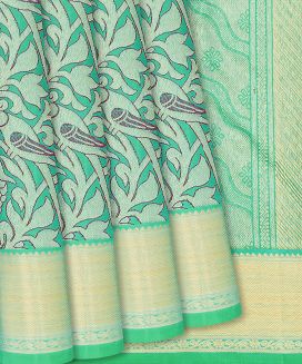 Aquamarine Handloom Kanchipuram Silk Saree With Meena Bird Motifs
