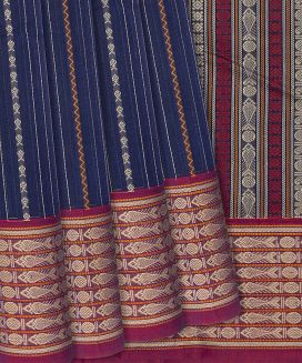 Blue Handloom Kanchi Cotton Saree With Stirpes
