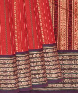 Orange Handloom Kanchi Cotton Saree With Stirpes
