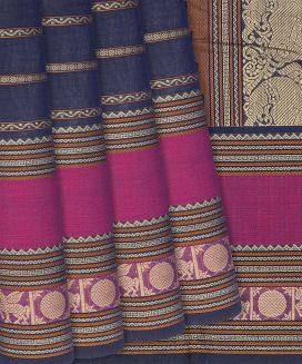 Navy Blue Handloom Kanchi Cotton Saree With Stripes
