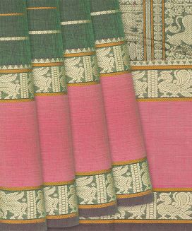 Green Handloom Kanchi Cotton Saree With Beldari Stripes
