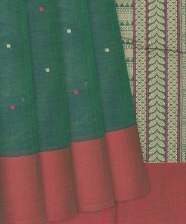 Leafy Green Handloom Kanchi Cotton Saree With Button Motifs
