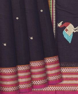 Black Handloom Kanchi Cotton Saree With Coin Motifs
