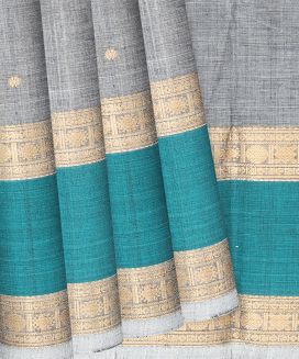Grey Handloom Kanchi Cotton Saree With Kamalam Motifs
