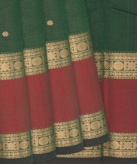 Dark Green Handloom Kanchi Cotton Saree With Kamalam Motifs
