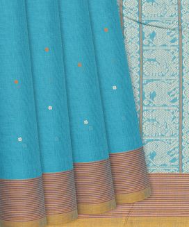 Sky Blue Handloom Kanchi Cotton Saree With Button Motifs
