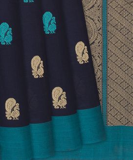 Midnight Blue Handloom Kanchi Cotton Saree With Annam Buttas
