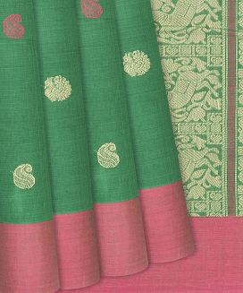 Green Handloom Kanchi Cotton Saree With Mango Motifs

