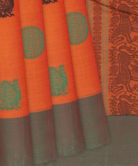 Orange Handloom Kanchi Cotton Saree With Annam Motifs
