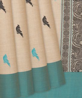 Cream Handloom Kanchi Cotton Saree With Bird Motifs
