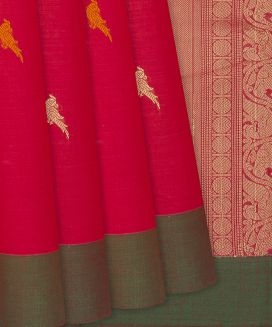 Red Handloom Kanchi Cotton Saree With Parrot Buttas
