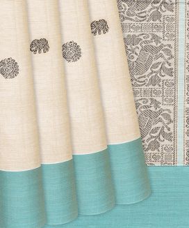 Cream Handloom Kanchi Cotton Saree With Elephant Motifs
