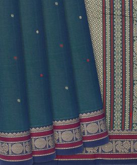 Teal Handloom Kanchi Cotton Saree With Button Motifs
